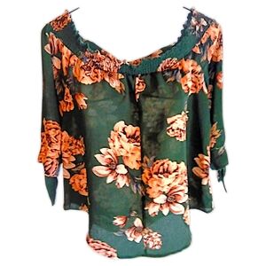 Iris Green Sheer Floral Print OFF Shoulder Blouse